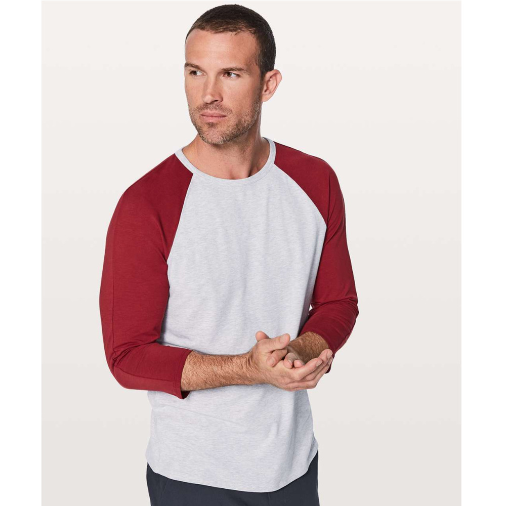 Lululemon Bodhi 3/4 sleeve Baseball T-Shirt Mens Gray Dark Red Oxblood Large